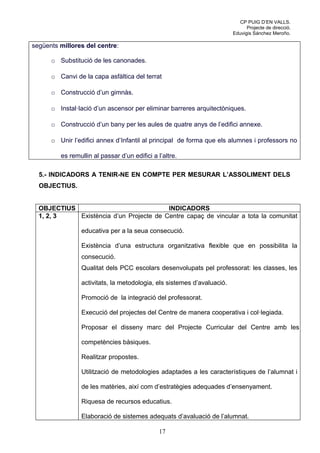 CP PUIG D’EN VALLS.
                                                                              Projecte de direcció.
                                                                        Eduvigis Sánchez Meroño.

següents millores del centre:

      o Substitució de les canonades.

      o Canvi de la capa asfàltica del terrat

      o Construcció d’un gimnàs.

      o Instal·lació d’un ascensor per eliminar barreres arquitectòniques.

      o Construcció d’un bany per les aules de quatre anys de l’edifici annexe.

      o Unir l’edifici annex d’Infantil al principal de forma que els alumnes i professors no

         es remullin al passar d’un edifici a l’altre.

  5.- INDICADORS A TENIR-NE EN COMPTE PER MESURAR L’ASSOLIMENT DELS
  OBJECTIUS.


  OBJECTIUS                              INDICADORS
  1, 2, 3   Existència d’un Projecte de Centre capaç de vincular a tota la comunitat

                educativa per a la seua consecució.

                Existència d’una estructura organitzativa flexible que en possibilita la
                consecució.
                Qualitat dels PCC escolars desenvolupats pel professorat: les classes, les

                activitats, la metodologia, els sistemes d’avaluació.

                Promoció de la integració del professorat.

                Execució del projectes del Centre de manera cooperativa i col·legiada.

                Proposar el disseny marc del Projecte Curricular del Centre amb les

                competències bàsiques.

                Realitzar propostes.

                Utilització de metodologies adaptades a les característiques de l’alumnat i

                de les matèries, així com d’estratègies adequades d’ensenyament.

                Riquesa de recursos educatius.

                Elaboració de sistemes adequats d’avaluació de l’alumnat.

                                               17
 
