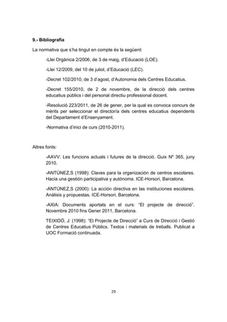 9.- Bibliografia

La normativa que s’ha tingut en compte és la següent:

       -Llei Orgànica 2/2006, de 3 de maig, d’Educació (LOE).

       -Llei 12/2009, del 10 de juliol, d’Educació (LEC).

       -Decret 102/2010, de 3 d’agost, d’Autonomia dels Centres Educatius.

       -Decret 155/2010, de 2 de novembre, de la direcció dels centres
       educatius públics i del personal directiu professional docent.

       -Resolució 223/2011, de 26 de gener, per la qual es convoca concurs de
       mèrits per seleccionar el director/a dels centres educatius dependents
       del Departament d’Ensenyament.

       -Normativa d’inici de curs (2010-2011).



Altres fonts:

       -AAVV: Les funcions actuals i futures de la direcció. Guix Nº 365, juny
       2010.

       -ANTÚNEZ,S (1998): Claves para la organización de centros escolares.
       Hacia una gestión participativa y autónoma. ICE-Horsori, Barcelona.

       -ANTÚNEZ,S (2000): La acción directiva en las instituciones escolares.
       Anàlisis y propuestas. ICE-Horsori, Barcelona.

       -AXIA: Documents aportats en el curs: “El projecte de direcció”.
       Novembre 2010 fins Gener 2011, Barcelona.

       TEIXIDÓ, J: (1998): “El Projecte de Direcció” a Curs de Direcció i Gestió
       de Centres Educatius Públics. Textos i materials de treballs. Publicat a
       UOC Formació continuada.




                                        29
 