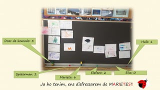 Spiderman: 2
Ja ho tenim, ens disfressarem de MARIETES!!
Marieta: 6
Elefant: 2 Elsa: 0
Hulk: 1Drac de komodo: 5
 