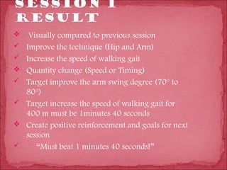     Visually compared to previous session
   Improve the technique (Hip and Arm)
   Increase the speed of walking gait
   Quantity change (Speed or Timing)
   Target improve the arm swing degree (70° to
    80°)
   Target increase the speed of walking gait for
    400 m must be 1minutes 40 seconds
   Create positive reinforcement and goals for next
    session
      “Must beat 1 minutes 40 seconds!”
 