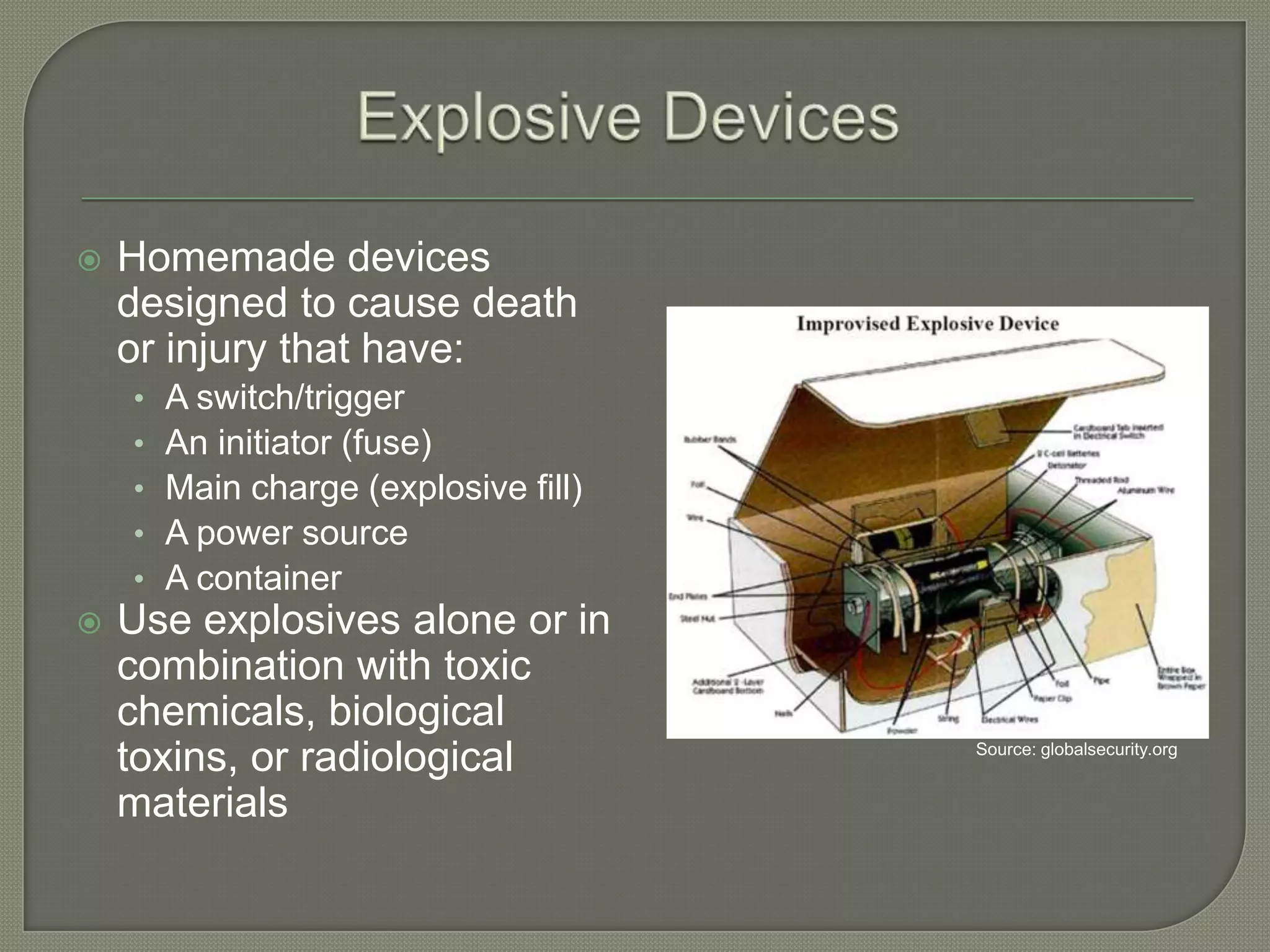

Homemade devices
designed to cause death
or injury that have:
•
•
•
•
•



A switch/trigger
An initiator (fuse)
Main charge (explosive fill)
A power source
A container

Use explosives alone or in
combination with toxic
chemicals, biological
toxins, or radiological
materials

Source: globalsecurity.org

 