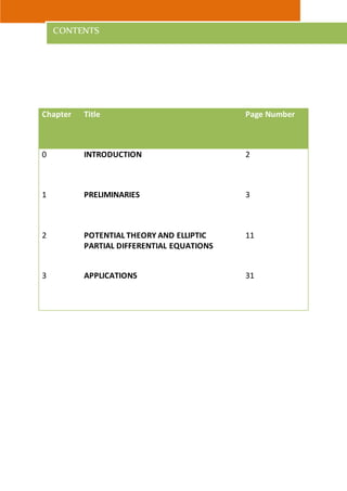 1 | P a g e
Chapter Title Page Number
0 INTRODUCTION 2
1 PRELIMINARIES 3
2 POTENTIAL THEORY AND ELLIPTIC
PARTIAL DIFFERENTIAL EQUATIONS
11
3 APPLICATIONS 31
CONTENTS
 