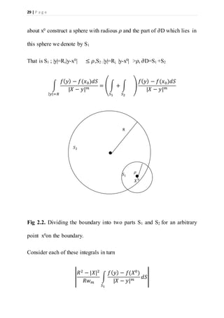 29 | P a g e
about x0 construct a sphere with radious 𝜌 and the part of 𝜕D which lies in
this sphere we denote by S1
That is S1 ; |y|=R,|y-x0| ≤ 𝜌,S2 : |y|=R|, |y-x0| >𝜌, 𝜕D=S1 +S2
∫
𝑓( 𝑦) − 𝑓(𝑥0)𝑑𝑆
|𝑋 − 𝑦| 𝑚
| 𝑦|=𝑅
= ( ∫ +
𝑆1
∫
𝑆2
)
𝑓( 𝑦) − 𝑓(𝑥0)𝑑𝑆
|𝑋 − 𝑦| 𝑚
Fig 2.2. Dividing the boundary into two parts S1 and S2 for an arbitrary
point x0on the boundary.
Consider each of these integrals in turn
|
𝑅2
− |𝑋|2
𝑅𝑤 𝑚
∫
𝑓( 𝑦) − 𝑓(𝑋0
)
|𝑋 − 𝑦| 𝑚
𝑆1
𝑑𝑆|
R
𝑆2
𝑆1
𝑋 0
𝜌
 