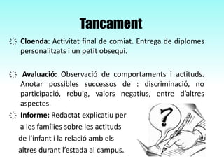 Tancament
҉ Cloenda: Activitat final de comiat. Entrega de diplomes
personalitzats i un petit obsequi.
҉ Avaluació: Observació de comportaments i actituds.
Anotar possibles successos de : discriminació, no
participació, rebuig, valors negatius, entre d’altres
aspectes.
҉ Informe: Redactat explicatiu per
a les famílies sobre les actituds
de l’infant i la relació amb els
altres durant l’estada al campus.
 