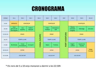 CRONOGRAMA
* Els nens de 5 a 10 anys marxaran a dormir a les 22:30h
 