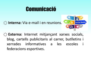Comunicació
҉ Interna: Via e-mail i en reunions.
҉ Externa: Internet mitjançant xarxes socials,
blog, cartells publicitaris al carrer, butlletins i
xerrades informatives a les escoles i
federacions esportives.
 