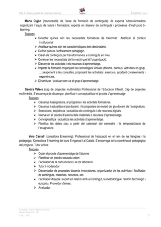 PAC 3 - Disseny i gestió de projectes e-learning                                                  E-nganxa’t   Grup 5



     Marta Digón (responsable de l’àrea de formació de continguts): és experta tutora-formadora
 organitzant l’equip de tutors i formadors; experta en disseny de continguts i processos d’instrucció b-
 learning.
     Tasques
              Detectar quines són les necessitats formatives de l'alumnat Analitzar el context
                  institucional
              Analitzar quines són les característiques dels destinataris.
              Definir quin és l’enfocament pedagògic.
              Crear els continguts per transformar-los a continguts en línia.
              Conèixer les necessitats de formació que té l’organització.
              Dissenyar les activitats i els recursos d’aprenentatge.
              Impartir la formació mitjançant les tecnologies virtuals (fòrums, correus, activitats en grup,
                  ...) responent a les consultes, proposant les activitats i exercicis, aportant coneixements i
                  experiències.
              Dinamitzar i avaluar com va el grup d’aprenentatge.

     Sandra Valero (cap de projectes multimèdia) Professional de l’Educació Infantil. Cap de projectes
multimèdia. S’encarrega de dissenyar, planificar i conceptualitzar el procés d’aprenentatge
       Tasques
             Dissenya l’assignatura, el programa i les activitats formatives.
             Dissenya i actualitza el pla docent, i fa propostes de revisió del pla docent de l’assignatura.
             Selecciona, seqüència i actualitza els continguts i els recursos digitals.
             Intervé en el procés d’autoria dels materials o recursos d’aprenentatge.
             Conceptualitza i actualitza les activitats d’aprenentatge.
             Planifica les dates clau a partir del calendari del semestre i la temporalització de
                l’assignatura.

         Vero Castell (consultora E-learning): Professional de l’educació en el ram de les llengües i la
pedagogia. Consultora E-learning del curs E-nganxa’t al Català. S’encarrega de la coordinació pedagògica
del projecte. Tutor online.
         Tasques
              Guiar el procés d'aprenentatge de l'alumne
              Planificar un procés educatiu obert
              Facilitador de la comunicació i la col·laboració
              Tutor i moderador
              Dissenyador de propostes docents innovadores, organitzador de les activitats i facilitador
                 de continguts, materials, recursos, etc.
              Facilitador d'ajuda i suport en relació amb el contingut, la metodologia i l'entorn tecnològic i
                 educatiu. Proveïdor d'eines.
              Avaluador




Consultor: Juanmi Muñoz Micolau
Màster Educació i TIC
UOC - 2012                                                                                                              5
 