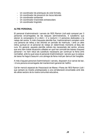 9
- Un coordinador de pràctiques de cicle formatiu
- Un coordinador de prevenció de riscos laborals
- Un coordinador ambiental
- Un coordinador d’activitats extraescolars
- Un coordinador lingüístic
ALTRE PERSONAL
El personal d’administració i serveis de l’IES Ramon Llull està compost per 3
persones encarregades de les tasques administratives, 5 subalterns que
atenen la consergeria (3 a diürn i 2 a nocturn) i 4 persones dedicades a la
neteja del centre. A més d’aquesta plantilla fixa, tradicionalment comptem amb
una persona de reforç a les oficines en període de matrícula, i amb un altre
reforç puntual en el personal de neteja en determinats moments al llarg del
curs. En general, aquesta plantilla cobreix les necessitats del centre, encara
que ens hem trobat situacions aïllades en què han coincidit les baixes d’aquest
personal i no hem rebut els substituts necessaris per continuar la feina amb
normalitat, amb la qual cosa el personal d’administració i serveis que no estava
de baixa ha hagut d’assumir una càrrega de feina molt per damunt de l’exigible.
A més d’aquest personal d’administració i serveis, disposem d’un servei de bar,
i d’una persona encarregada del manteniment general de l’edifici.
Cal fer menció especial de l’Associació de Mares i Pares de l’IES Ramon Llull i
que sempre es mostra predisposada a una col·laboració encomiable amb tots
els altres sectors de la nostra comunitat educativa.
 