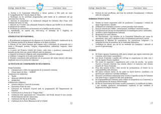 Col—legi Amor de Dios                                       Curs 2012 - 2013             Col—legi Amor de Dios                                       Curs 2012 - 2013

4. Invitar a la Comunitat Educativa a donar gràcies a Déu pels 50 anys                       o.   Evitarà els jocs perillosos, així com les actituds d’assetjament i violència
d’ evangelització de l’ Escola Amor de Dios.                                                      amb els companys.
5. Participar en les activitats programades amb motiu de la celebració del 50
aniversari de l’ Escola.                                                                 NORMES D’EDUCACIÓ.
6. Afavorir el creixement i la maduració integral de l’alumne dins d’una visió
cristiana del món i la vida.                                                                 A. Tindrà un tracte respectuós amb els professors i companys i evitarà tot
7. Afavorir en el Centre una adequada formació religiosa que faciliti en els alumnes            tipus d’agressions o insults.
la integració fe-cultura.                                                                    B. Utilitzarà un vocabulari correcte i evitarà paraules mal sonants.
8. Promoure la convivència en harmonia en la família-escola-societat.                        C. Farà ús correcte de l’edifici : instal—lacions, mobiliari i material escolar.
9. Aprofundir, en aquest any 2012-2013, el missatge de l’ Església en                        D. Col—laborarà per tal que les dependències es mantinguin netes i ordenades.
“L’ any de la Fe”.                                                                           E. Acudirà a classe degudament endreçat.
                                                                                             F. Respectarà les coses alienes.
LÍNIES D’ACCIÓ PASTORAL.                                                                     G. No discriminarà cap membre de la Comunitat Educativa per raons de
                                                                                                naixement, raça, sexe o qualsevol altra circumstància personal o social.
1. El professorat acompanyarà els alumnes en el procés d’iniciació i maduració de la         H. Respectarà la llibertat de consciència, les conviccions religioses i la
Fe Cristiana partint de la situació religiosa en la qual es troben.                             integritat de tots els membres de la Comunitat Educativa.
2. Educar en els valors humans que tinguin com a referència els proposats per a              I. Treballarà en silenci, per tal de no molestar els companys i afavorir el
Jesús a l’Evangeli: justícia, l’alegria, responsabilitat, solidaritat, respecte, saber          procés d’aprenentatge.
conviure…
3. A partir del Projecte Cristià del Centre, cada tutor o professor començarà la         AVISOS.
jornada escolar fent una oració-reflexió amb els alumnes.
4. Impartir la formació religiosa amb responsabilitat i mètodes adequats.                    A. El Centre agraeix l’assistència dels pares sempre que siguin convocats per
5. Celebrar i compartir la fe amb sentit eclesial.                                              reunions, entrevistes i assemblees.
6. Prendre consciència dels problemes de les persones del nostre entorn i del món,           B. Les hores d’entrada i sortida del Col—legi es respectaran en cada curs i
implicant-nos en la recerca de solucions.                                                       nivells segons l’horari establert.
                                                                                             C. Per raons de seguretat i organització, per a tots els nivells, les portes
ACTIVITATS DE COMPROMÍS HUMÀ-CRISTIÀ.                                                           d’accés a l’escola s’obriran cinc minuts abans i es tancaran cinc minuts
                                                                                                després de l’hora d’entrada.
Grups formatius:                                                                             D. Fora dels horaris lectius i dels serveis de permanència, el Centre no es
•   Catequesi per a rebre els sagraments de la iniciació cristiana.                             responsabilitza dels alumnes.
•   Grups Amor de Dios – “ADEDI”                                                             E. Els pares evitaran entrar en les aules en hores lectives. Acudiran a la
Campanyes de solidaritat:                                                                       porteria per encàrrecs i sortides mèdiques.
•   Nadal.                                                                                   F. Els pares sol—licitaran mitjançant nota escrita a l’agenda escolar de l’alumne
•   Misional AMOR DE DIOS.                                                                      cita amb el tutor o qualsevol dels seus professors.
•   DOMUND.                                                                                  G. Es responsabilitzarà l’alumne quan realitzi un desperfecte en el material i a
Celebracions religioses:                                                                        les instal—lacions de manera intencionada.
                                                                                             H. El Pla de Convivència del Centre recull la normativa i la tipificació de faltes,
•   Oració-reflexió a l’inici de la jornada.
                                                                                                i per resoldre qualsevol circumstància s’aplicarà el que estableix el
•   Eucaristía d’inici de curs.
                                                                                                Reglament de Règim Interior.
•   Catequesi de formació d’acord amb la programació del Departament de
    Pastoral.
•   Celebració de la Festa de la “Virgen Niña”.
•   Celebració dels sagraments de l’ Ecuaristia i del Perdó durant el curs escolar.
    Preferentment Advent i Quaresma.
•   Celebració del Dia de la Família.
•   Celebració de la Festa Missionera del 27 d’abril.
                                                                                  12                                                                                        17
 