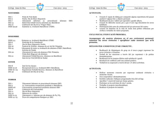 Col—legi Amor de Dios                                    Curs 2012 - 2013           Col—legi Amor de Dios                                    Curs 2012 - 2013

NOVEMBRE                                                                            ACTIVITATS.

DIA 1           Festa de Tots Sants                                                             Creació d’ espais de diàleg per compartir alguna experiència del passat
DIA 2           Festiu. Dia de lliure disposició.                                               partint d’ alguna foto o objecte personal.
DIA 7           Lliurament informes 1a.           preavaluació alumnes       ESO.               Realització de jocs i tallers per aprendre i gaudir alhora.
DIA 14          Entrevista treball recerca alumnes 2n. Batxillerat                              Creació de diferents racons per a que el nen vagi descobrint les seves
DIA 21          Celebració del dia de la “Virgen Niña”.                                         habilitats.
DIES 29-30      Exàmens 1a. Avaluació Batxillerat i d’ESO.                                      Participació dels actes de celebració del 50 aniversari del centre.
                                                                                                Lectura de històries de la vida de Jesús fent petites reflexions per
                                                                                                arribar a treballar els valors proposats.

                                                                                    CICLE INICIAL D’EDUCACIÓ PRIMÀRIA.
DESEMBRE
                                                                                    Acompanyar els nostres alumnes en el seu creixement personal,
DIES 3-5        Exàmens 1a. Avaluació Batxillerat i d’ESO                           valorant les seves vivències i aprofitant cada moment que se’ls
DIA 6           Festivitat de la Constitució                                        presenta.
DIA 7           Dia de lliure disposició. Festiu.
DIA 16          Festival de NADAL. Alumnes de 4t i 6è Ed. Primària                  MITJANS PER A DESENVOLUPAR L’OBJECTIU.
DIA 19          Lliurament de notes 1a Avaluació als alumnes d’ESO i Batxillerat.
                Activitat de Nadal.                                                         •   Realització de dinàmiques de grup on el nen/a pugui expressar les
DIA 20          Lliurament de notes als alumnes d’Ed. Primària.                                 seves vivències o il—lusions.
                Visita Reis Mags per als alumnes.                                           •   Treball de les emocions a través del joc espontani i de petites
DIA 21          Lliurament Treball Recerca. Alumnes 2n Batxillerat                              dramatitzacions.
                Inici de les VACANCES de Nadal.                                             •   Realització de les tasques diàries amb satisfacció i gaudi.
                                                                                            •   Resolució de conflictes amb una actitud positiva.
GENER                                                                                       •   Treball de la cooperació a través del joc i d’ altres activitats.
DIA 8           Inici de les classes.
DIES 10-16      Recuperació de la 1a. Avaluació ESO i Batxillerat.                  ACTIVITATS.
DIES 16 i 23    Exposicions Treballs Recerca. Alumnes 2n Batxillerat
DIA 30          Celebració del Dia de la Pau.
                                                                                            •   Dedicar moments concrets per expressar oralment vivències o
                                                                                                moments viscuts.
                                                                                            •   Jocs cooperatius i dramatitzacions.
FEBRER                                                                                      •   Sortides culturals i lúdiques programades fora del col—legi.
                                                                                            •   Aprofitar l’ oració del matí per donar gràcies.
DIA 1           Lliurament informes 2a preavaluació alumnes ESO.                            •   Participar en les activitats de tota l’ escola.
DIA 5           1a. Convocatòria recuperació pendents 1r Batxillerat.                       •   Treballar el projecte interdisciplinari.
DIES 6-8        Convocatòria recuperació pendents alumnes ESO                               •   Realitzar el projecte de tutories.
DIA 8           Celebració del Carnestoltes
DIA 11          Dia de lliure disposició.
DIA 13          Dimecres de cendra
DIES 12-15      Lliurament 1r. Informe per als alumnes de P4 i P5.
DIES 14 i 15    Prova de competències bàsiques 4t. ESO.


                                                                               22                                                                                    7
 