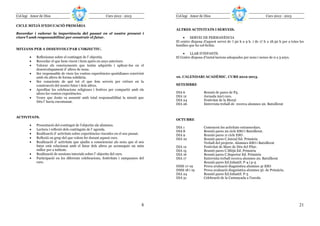 Col—legi Amor de Dios                                    Curs 2012 - 2013             Col—legi Amor de Dios                                       Curs 2012 - 2013

CICLE MITJÀ D’EDUCACIÓ PRIMÀRIA
                                                                                      ALTRES ACTIVITATS I SERVEIS.
Recordar i valorar la importància del passat en el nostre present i
viure’l amb responsabilitat per construir el futur.                                        •   SERVEI DE PERMANÈNCIA
                                                                                      El centre disposa d’aquest servei de 7.30 h a 9 h. i de 17 h a 18.30 h per a totes les
                                                                                      famílies que ho sol—licitin.
MITJANS PER A DESENVOLUPAR L’OBJECTIU.
                                                                                          •    LLAR D’INFANTS.
        •   Reflexionar sobre el contingut de l’ objectiu.                            El Centre disposa d’instal—lacions adequades per nens i nenes de 0 a 3 anys.
        •   Recordar el que hem viscut i hem après en anys anteriors.
        •   Valorar els coneixements que tenim adquirits i aplicar-los en el
            desenvolupament d’ altres de nous.
        •   Ser responsable de viure les vostres experiències quotidianes convivint
            amb els altres de forma solidària.                                        10. CALENDARI ACADÈMIC. CURS 2012-2013.
        •   Ser conscients de què tot el que fem serveix per créixer en la
            construcció del nostre futur i dels altres.                               SETEMBRE
        •   Aprofitar les celebracions religioses i festives per compartir amb els
            altres les vostres experiències.                                          DIA 6             Reunió de pares de P3.
        •   Veure que Jesús va assumir amb total responsabilitat la missió que        DIA 12            Jornada inici curs.
            Déu l’ havia encomanat.                                                   DIA 24            Festivitat de la Merçè
                                                                                      DIA 26            Entrevista treball de recerca alumnes 2n. Batxillerat


ACTIVITATS.
                                                                                      OCTUBRE
        •   Presentació del contingut de l’objectiu als alumnes.
                                                                                      DIA 1             Comencen les activitats extraescolars.
        •   Lectura i reflexió dels continguts de l’ agenda.
                                                                                      DIA 8             Reunió pares 2n cicle ESO i Batxillerat.
        •   Realització d’ activitats sobre experiències viscudes en el seu passat.   DIA 9             Reunió pares 1r cicle ESO .
        •   Reflexió en grup del que volem fer durant aquest curs.                    DIA 10            Reunió pares C.Inicial Ed. Primària
        •   Realització d’ activitats que ajudin a conscienciar als nens que el seu                     Treball del projecte. Alumnes ESO i Batxillerat
            futur està relacionat amb el futur dels altres pe aconseguir un món       DIA 12            Festivitat de Mare de Déu del Pilar.
            millor per a tothom.                                                      DIA 15            Reunió pares C.Mitjà Ed. Primària
        •   Realització de sessions tutorials sobre l’ objectiu del curs.             DIA 16            Reunió pares C.Superior Ed. Primària
        •   Participació en les diferents celebracions, festivitats i campanyes del   DIA 17            Entrevista treball recerca alumnes 2n. Batxillerat
            curs.                                                                                       Reunió pares Ed.Infantil: P-4 i p-5
                                                                                      DIES 17-19        Prova avaluació diagnòstica alumnes 3r ESO
                                                                                      DIES 18 i 19      Prova avaluació diagnòstica alumnes 5è. de Primària.
                                                                                      DIA 24            Reunió pares Ed.Infantil: P-3
                                                                                      DIA 31            Celebració de la Castanyada a l’escola.




                                                                                 8                                                                                      21
 