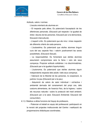 Codi de centre: 07002968
Actituds, valors i normes:
L'escola orientarà als alumnes en:
- El respecte pels altres. Es potenciarà l'acceptació de les
diferències personals. (Educació pel respecte i la igualtat de
drets i deures de les persones. Educació per a la democràcia.
Educació intercultural).
- L'esperit crític. Es potenciarà que els nins i nines respectin
els diferents criteris de cada persona.
- L'autoestima. Es potenciarà que els/les alumnes tinguin
cura del seu aspecte físic i valorin positivament les seves
possibilitats. (Educació Sexual).
- La responsabilitat. Es fomentarà que els/les alumnes
assumeixin compromisos vers la feina i vers els seus
companys. Propiciar actituds solidàries i no discriminatòries.
(Educació per a la igualtat d’oportunitats).
- L'autonomia. Es potenciarà que els/les alumnes siguin
independents respecte dels adults i dels seus companys.
- Valoració de la llibertat de les persones, la cooperació, la
justícia i la pau (Educació per a la pau).
- Adquisició de valors de salut individual i col·lectiva i
ambiental derivada del coneixement del propi cos, dels
costums alimentares, de l’exercici físic, de la higiene, i sobre
els recursos naturals i sobre la protecció del medi ambient.
(Educació per a la salut. Educació Ambiental. Educació del
consumidor).
4.1.3. Relatius a altres funcions de l'equip de professors.
- Potenciar el treball en equip del professorat: participació en
la revisió del projectes institucionals del Centre i realització de
programacions didàctiques coordinades.
7
 