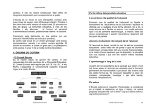 Projecte Educatiu

Projecte Educatiu

centres, 4 són de recent construcció, fidel reflex de
l’augment de població que ha experimentat el poble.
L’Escola es va iniciar el curs 2003/2004. Compta amb
dues línies de segon cicle d’Educació Infantil i Primària i
les ràtios han estat sempre al voltant dels 25 alumnes en
tots els grups. La comunitat educativa, a més de les
famílies i els alumnes,
la formen el personal
d’administració i serveis, professionals externs i el claustre.
Físicament està distribuïda en dos edificis (un per
educació infantil i l’altre per educació primària).
El centre està situat en un entorn privilegiat, amb bones
comunicacions, serveis i un entorn encara agrícola. Al
davant té una riera, al costat un gran parc i un poliesportiu
amb piscina. A prop hi ha la ronda nord de Granollers.

4. ÒRGANS DE GOVERN
- El Consell Escolar
És el màxim òrgan de govern del centre, hi són
representats tots els membres de la Comunitat Educativa.
El Consell Escolar està regulat per la LOE i la LEC. A les
NOFC s’especifica el funcionament específic d’aquest
òrgan a la nostra Escola.

Per la millora dels resultats educatius
L’excel·lència i la qualitat de l’educació
Entenem que la qualitat de l’educació va lligada a
l’assoliment de l’excel·lència de tot l’alumnat i aquesta ve
definida per a cadascú d’una forma diferent. És a dir, a
cada alumne se li facilita un entorn i un model educatiu
que li ha de permetre desenvolupar, al màxim, totes les
seves competències i assolir l’excel·lència depenent del
seu punt de partida.
Atenció a la diversitat i la inclusió de tot l’alumnat
Si l’alumnat és divers, també ho han de ser les propostes
educatives i totes elles han de portar a que els alumnes
esdevinguin protagonistes del seu procés d’aprenentatge.
A la nostra Escola aprenem que la diversitat i la pluralitat
són una riquesa i que ens fan obtenir millors resultats
educatius.
L’aprenentatge al llarg de la vida
A partir del nou paradigma de la societat que estem vivint
cal donar eines a l‘alumnat per entendre que la formació
permanent és imprescindible i que durant tota la seva vida
els caldrà formar-se. És necessari desvetllar el plaer de
conèixer, comprendre, investigar i, per altra banda,
fomentar l’emprenedoria.
Els valors
L’Escola potencia el respecte, l’honestedat, la constància
en el treball, la resiliència, el rigor i l’esforç. La nostra
proposta educativa té com a lema “Cap èxit sense esforç i
cap esforç sense èxit”.

Escola Guerau de Liost

4

Escola Guerau de Liost

13

 