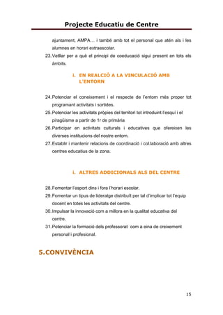 Projecte Educatiu de Centre
15
ajuntament, AMPA… i també amb tot el personal que atén als i les
alumnes en horari extraescolar.
23.Vetllar per a què el principi de coeducació sigui present en tots els
àmbits.
i. EN REALCIÓ A LA VINCULACIÓ AMB
L’ENTORN
24.Potenciar el coneixement i el respecte de l’entorn més proper tot
programant activitats i sortides.
25.Potenciar les activitats pròpies del territori tot introduint l’esquí i el
piragüisme a partir de 1r de primària
26.Participar en activitats culturals i educatives que ofereixen les
diverses institucions del nostre entorn.
27.Establir i mantenir relacions de coordinació i col.laboració amb altres
centres educatius de la zona.
i. ALTRES ADDICIONALS ALS DEL CENTRE
28.Fomentar l’esport dins i fora l’horari escolar.
29.Fomentar un tipus de lideratge distribuït per tal d’implicar tot l’equip
docent en totes les activitats del centre.
30.Impulsar la innovació com a millora en la qualitat educativa del
centre.
31.Potenciar la formació dels professorat com a eina de creixement
personal i profesional.
5.CONVIVÈNCIA
 
