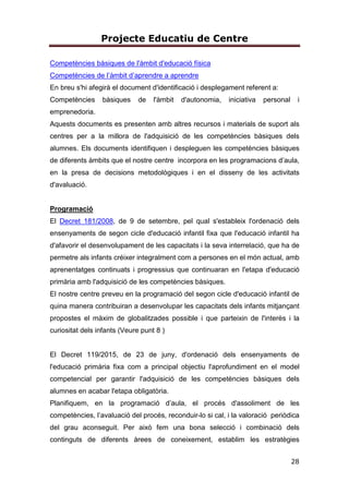 Projecte Educatiu de Centre
28
Competències bàsiques de l'àmbit d'educació física
Competències de l’àmbit d’aprendre a aprendre
En breu s'hi afegirà el document d'identificació i desplegament referent a:
Competències bàsiques de l'àmbit d'autonomia, iniciativa personal i
emprenedoria.
Aquests documents es presenten amb altres recursos i materials de suport als
centres per a la millora de l'adquisició de les competències bàsiques dels
alumnes. Els documents identifiquen i despleguen les competències bàsiques
de diferents àmbits que el nostre centre incorpora en les programacions d’aula,
en la presa de decisions metodològiques i en el disseny de les activitats
d'avaluació.
Programació
El Decret 181/2008, de 9 de setembre, pel qual s'estableix l'ordenació dels
ensenyaments de segon cicle d'educació infantil fixa que l'educació infantil ha
d'afavorir el desenvolupament de les capacitats i la seva interrelació, que ha de
permetre als infants créixer integralment com a persones en el món actual, amb
aprenentatges continuats i progressius que continuaran en l'etapa d'educació
primària amb l'adquisició de les competències bàsiques.
El nostre centre preveu en la programació del segon cicle d'educació infantil de
quina manera contribuiran a desenvolupar les capacitats dels infants mitjançant
propostes el màxim de globalitzades possible i que parteixin de l'interès i la
curiositat dels infants (Veure punt 8 )
El Decret 119/2015, de 23 de juny, d'ordenació dels ensenyaments de
l'educació primària fixa com a principal objectiu l'aprofundiment en el model
competencial per garantir l'adquisició de les competències bàsiques dels
alumnes en acabar l'etapa obligatòria.
Planifiquem, en la programació d’aula, el procés d'assoliment de les
competències, l’avaluació del procés, reconduir-lo si cal, i la valoració periòdica
del grau aconseguit. Per això fem una bona selecció i combinació dels
continguts de diferents àrees de coneixement, establim les estratègies
 