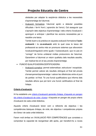 Projecte Educatiu de Centre
61
obstacles per adaptar la seqüència didáctica a les necessitats
d’aprenentatge de l’alumnat.
- Avaluació formadora: l’alumnat aprén a detectar possibles
dificultats i fer-hi front ( aprendre de l’error). Cal assegurar que
s’apropiïn dels objectius d’aprenentatge i dels criteris d’avaluació i
aprenguin a anticipar i planificar les accions necessàries per a
resoldre una tasca.
També duem a la pràctica en aquesta avaluació formadora l’auto-
avaluació i la co-avaluació amb la qual cosa la tasca del
professorat se centra més en promoure sistemes que afavoreixin
l’avaluació/regulació entre iguals i l’autoavaluació, que no pas en
“corregir” de forma unilateral moltes produccions de l’alumnat.
Garantirem a l’alumnat un retorn qualitatiu dels resultats assolits,
per implicar-los en el seu procès d’aprenentatge.
• FUNCIÓ QUALIFICADORA/CERTIFICADORA:
- Avaluació sumativa: permet sistematitzar, estructurar i recapitular.
També permet valorar els resultats obtinguts al final del procés
d’ensenyament/aprenentatge i valorar les diferències entre el punt
de partida i el final. Té una funció qualificadora que informa dels
resultats alhora que pot tenir una funció certificadora al final de
l’etapa.
Criteris d’avaluació:
Hi ha establerts uns criteris d’avaluació generals d’etapa, d’aquests en pengen
els criteris d’avalaució de cicle i d’area i d’aquests en pengen els propis criteris
d’avaluació de cada unitat didàctica.
Aquests criteris d’avaluació tenen com a referents els objectius i les
competències bàsiques d’etapa, de cicle, els objectius i competències pròpies
de d’àrea i de cada unitat didàctica.
Farem molt èmfasi en l’AVALUACIÓ PER COMPETÈNCIES que consisteix a
comprobar la capacitat de reorganitzar allò après, per transferir-ho a noves
 