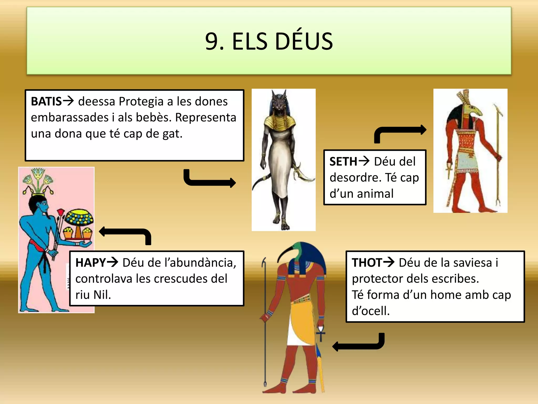 SETH Déu del
desordre. Té cap
d’un animal
BATIS deessa Protegia a les dones
embarassades i als bebès. Representa
una dona que té cap de gat.
THOT Déu de la saviesa i
protector dels escribes.
Té forma d’un home amb cap
d’ocell.
9. ELS DÉUS
HAPY Déu de l’abundància,
controlava les crescudes del
riu Nil.
 