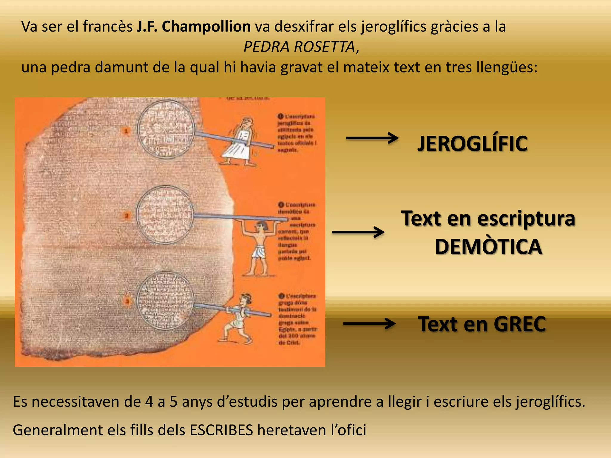 Va ser el francès J.F. Champollion va desxifrar els jeroglífics gràcies a la
PEDRA ROSETTA,
una pedra damunt de la qual hi havia gravat el mateix text en tres llengües:
JEROGLÍFIC
Text en escriptura
DEMÒTICA
Text en GREC
Es necessitaven de 4 a 5 anys d’estudis per aprendre a llegir i escriure els jeroglífics.
Generalment els fills dels ESCRIBES heretaven l’ofici
 