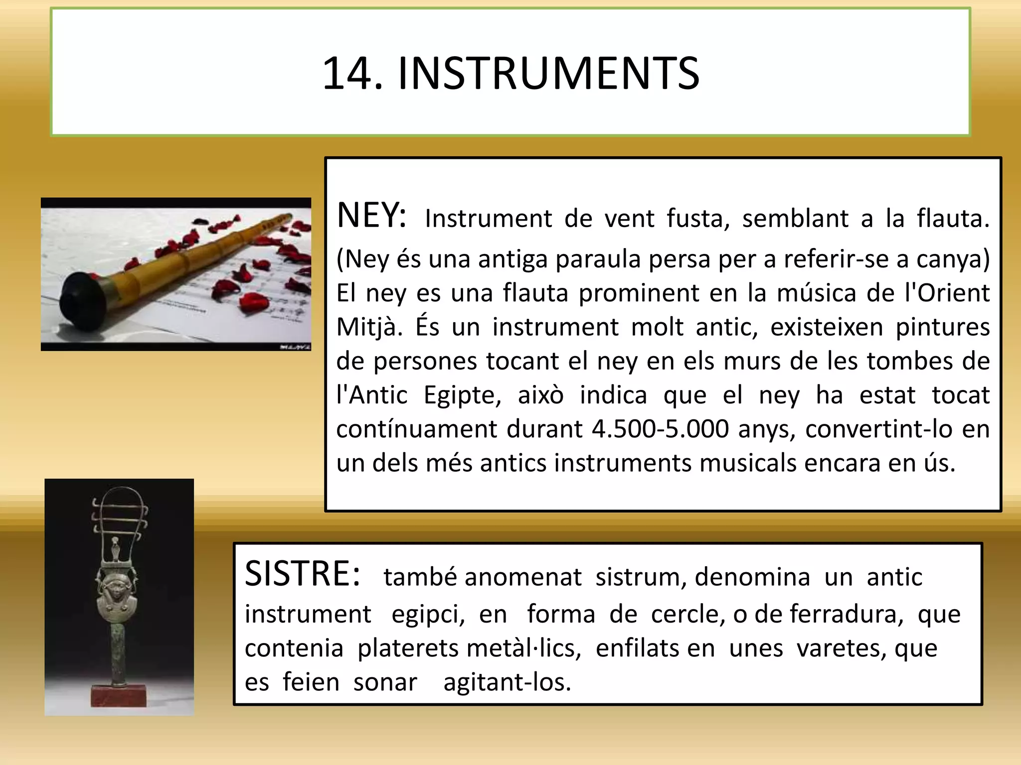 NEY: Instrument de vent fusta, semblant a la flauta.
(Ney és una antiga paraula persa per a referir-se a canya)
El ney es una flauta prominent en la música de l'Orient
Mitjà. És un instrument molt antic, existeixen pintures
de persones tocant el ney en els murs de les tombes de
l'Antic Egipte, això indica que el ney ha estat tocat
contínuament durant 4.500-5.000 anys, convertint-lo en
un dels més antics instruments musicals encara en ús.
14. INSTRUMENTS
SISTRE: també anomenat sistrum, denomina un antic
instrument egipci, en forma de cercle, o de ferradura, que
contenia platerets metàl·lics, enfilats en unes varetes, que
es feien sonar agitant-los.
 
