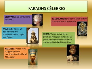 FARAONS CÈLEBRES
TUTANKAMON: Va ser el faraó dintre
la tomba mes conservada.
CLEOPATRA: Va ser l’última
faraona.
KEOPS: Va ser qui va fer la
piràmide mes gran la keops. Es
possible que ordenes també la
construcció de l'esfinx de Giza
RAMSES II: Va ser un
dels faraons mes
poderosos que a tingut
mai Egipte.
NEFERTITI: va ser reina
d'Egipte pel seu
matrimoni amb el faraó
Akhenaton
 