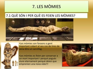 7. LES MÒMIES
•Les mòmies son faraons o gent
important cobert al seu cos de tires de
vena dins un sarcòfag.
•Les mòmies es feien per conservar a
un mort important i perquè pogués
viure eternament perquè deien que
emprenien una nova vida!!!
7.1 QUÈ SÓN I PER QUÈ ES FEIEN LES MÒMIES?
 