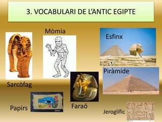 Sarcòfag
Mòmia
Esfinx
Jeroglífic
Papirs Faraó
Piràmide
3. VOCABULARI DE L’ANTIC EGIPTE
 