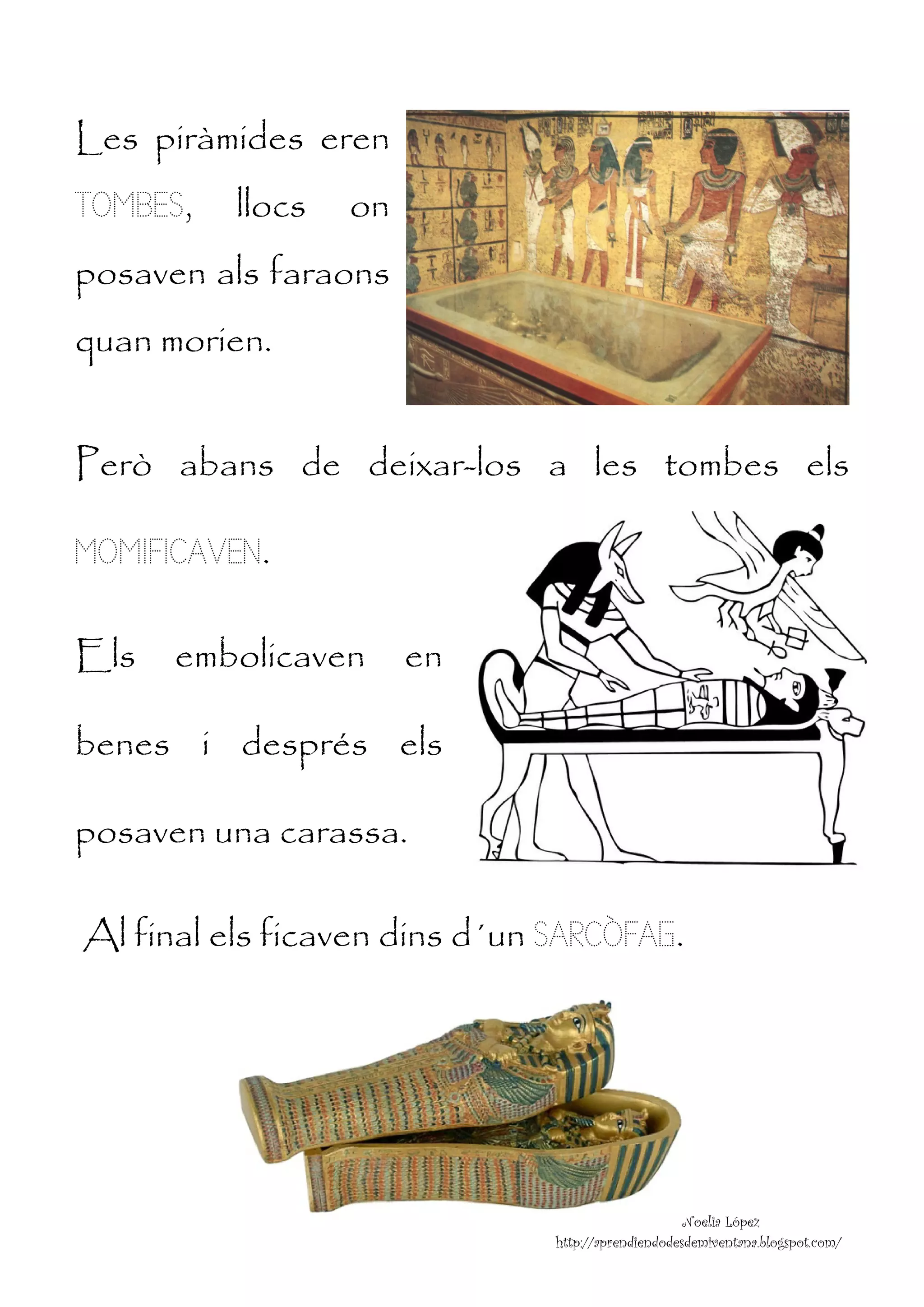 Les piràmides eren
TOMBES,   llocs   on
posaven als faraons
quan morien.


Però abans de deixar-los a les tombes els

MOMIFICAVEN.

Els   embolicaven      en

benes i després els

posaven una carassa.

Al final els ficaven dins d´un SARCÒFAG.




                                                    Noelia López
                               http://aprendiendodesdemiventana.blogspot.com/
 