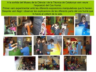 A la sortida del Museu de la Ciència i de la Tècnica de Catalunya vam veure
                              l’exposició del Cos Humà.
Primer vam experimentar amb les diferents exposicions manipulatives que hi havien.
Després vam llegir i observar les explicacions de les diferents parts del cos humà que
                            hi havia al voltant de la sala.
 