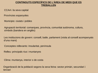 CONTINGUTS ESPECÍFICS DE L'ÀREA DE MEDI QUE ES
TREBALLEN
Municipis: ciutats i pobles
Agrupació territorial: comarques, província, comunitat autònoma, cultura,
símbols (bandera en anglès)
Relleu: principals rius i muntanyes
Conceptes rellevants: Insularitat, península
Clima: muntanya, interior o de costa
Organització de la població segons la seva feina: sector primàri, secundari i
terciari
Les institucions de govern: consell, batle, parlament (visita al consell acompanyats
d'una mare)
CCAA i la seva capital
Províncies espanyoles
 