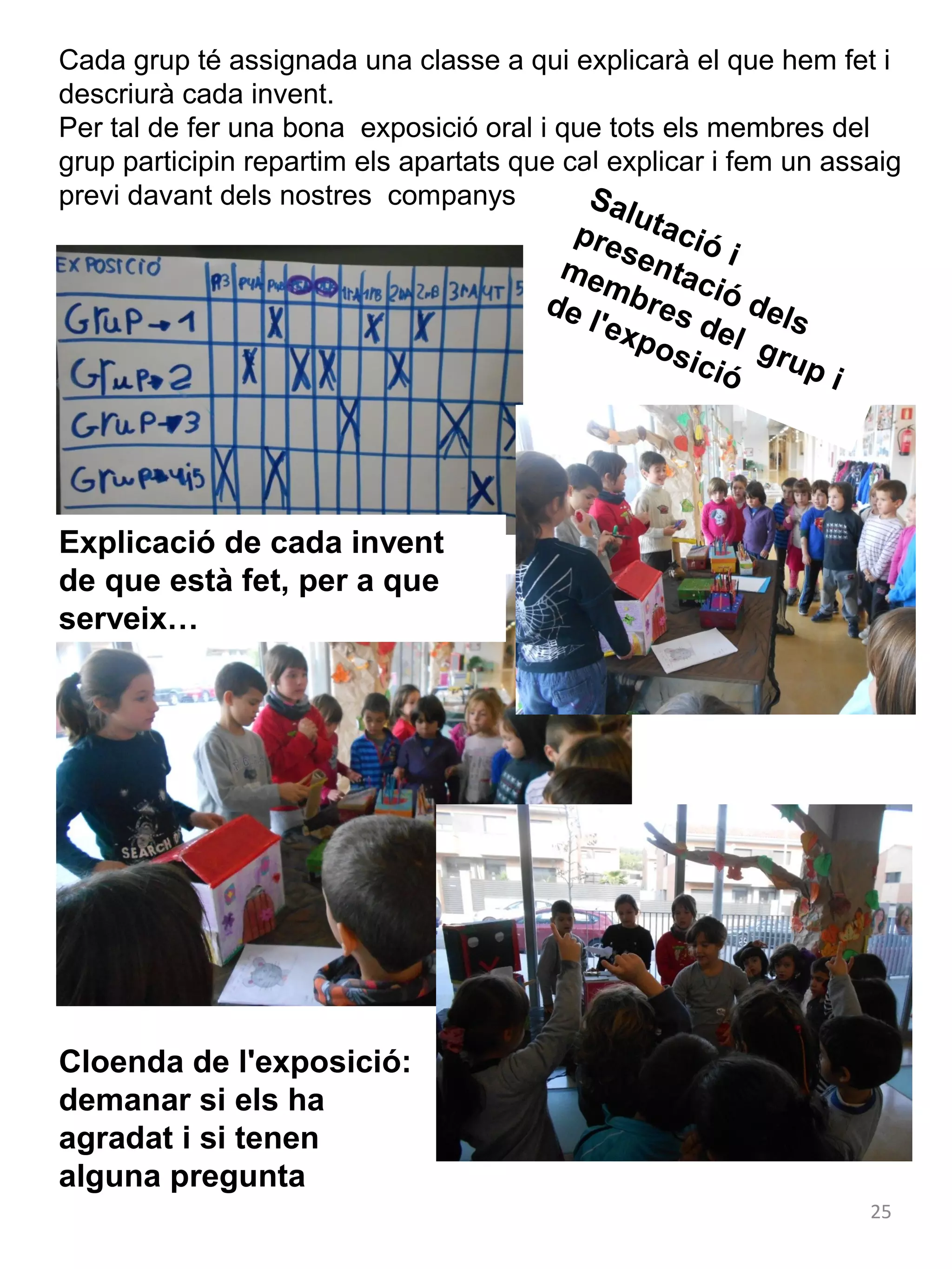 Cada grup té assignada una classe a qui explicarà el que hem fet i
descriurà cada invent.
Per tal de fer una bona exposició oral i que tots els membres del
grup participin repartim els apartats que cal explicar i fem un assaig
previ davant dels nostres companys
Sa

lu
pre tació
s
me entac i
mb
res ió del
de
l'ex
s
pos del g
ició rup
i

Explicació de cada invent
de que està fet, per a que
serveix…

Cloenda de l'exposició:
demanar si els ha
agradat i si tenen
alguna pregunta
25

 
