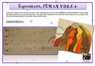 COM QUE VENUS ESTÀ PLENA DE VOLCANS, HEM DECIDIT FER UN EXPRERIMENT IMPRESSIONANT PER VEURE
DE MÉS A PROP UN VOLCÀ EN ERUPCIÓ. AIXÍ QUE HEM CONSTRUÏT EL NOSTRE PROPI VOLCÀ A LA CLASSE. PER
FER-HO HEM NECESSITAT ALGUNES COSES ESPECIALS.
Experiment, FEM UN VOLCÀ:
PROJECTE
ELS PLANETES
INGREDIENTS :
 