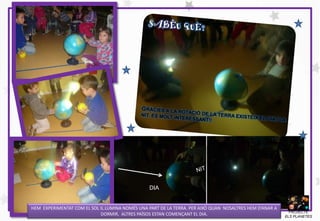 HEM EXPERIMENTAT COM EL SOL IL.LUMINA NOMÉS UNA PART DE LA TERRA. PER AIXÒ QUAN NOSALTRES HEM D’ANAR A
DORMIR, ALTRES PAÏSOS ESTAN COMENÇANT EL DIA.
DIA
PROJECTE
ELS PLANETES
 