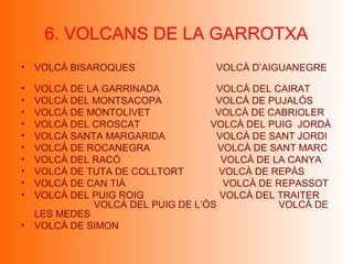 6. VOLCANS DE LA GARROTXA
• VOLCÀ BISAROQUES                VOLCÀ D’AIGUANEGRE

• VOLCÀ DE LA GARRINADA            VOLCÀ DEL CAIRAT
• VOLCÀ DEL MONTSACOPA            VOLCÀ DE PUJALÓS
• VOLCÀ DE MONTOLIVET             VOLCÀ DE CABRIOLER
• VOLCÀ DEL CROSCAT              VOLCÀ DEL PUIG JORDÀ
• VOLCÀ SANTA MARGARIDA           VOLCÀ DE SANT JORDI
• VOLCÀ DE ROCANEGRA               VOLCÀ DE SANT MARC
• VOLCÀ DEL RACÓ                    VOLCÀ DE LA CANYA
• VOLCÀ DE TUTA DE COLLTORT        VOLCÀ DE REPÀS
• VOLCÀ DE CAN TIÀ                  VOLCÀ DE REPASSOT
• VOLCÀ DEL PUIG ROIG              VOLCÀ DEL TRAITER
            VOLCÀ DEL PUIG DE L’ÓS            VOLCÀ DE
  LES MEDES
• VOLCÀ DE SIMON
 