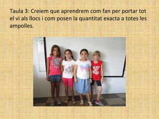 Taula 3: Creiem que aprendrem com fan per portar tot
el vi als llocs i com posen la quantitat exacta a totes les
ampolles.
 