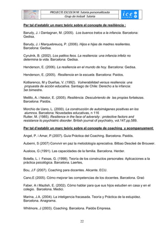 PROJECTE ESCOLTA’M: Tutoria personalitzada
                             Grup de treball Tutoria


Per tal d’establir un marc teòric sobre el concepte de resiliència :

Barudy, J. i Dantagnan, M. (2005). Los buenos tratos a la infancia. Barcelona:
Gedisa.

Barudy, J. i Marquebreucq, P. (2006). Hijos e hijas de madres resilientes.
Barcelona: Gedisa.

Cyrulnik, B. (2002). Los patitos feos. La resiliencia: una infancia infeliz no
determina la vida. Barcelona: Gedisa.

Henderson, E. (2006). La resiliencia en el mundo de hoy. Barcelona: Gedisa.

Henderson, E. (2005). Resiliencia en la escuela. Barcelona: Paidos.

Kotliarenco, M y Dueñas, V. (1992). Vulnerabilidad versus resiliencia: una
 propuesta de acción educativa. Santiago de Chile: Derecho a la infancia:
3er.bimestre.

Melillo, A. i Néstor, E. (2005). Resiliència. Descubriendo de las propias fortalezas.
Barcelona: Paidós.

Morchio de Uano, L. (2000). La construcción de autoimágenes positivas en los
 alumnos. Barcelona: Novedades educativas, n 116
Rutter, M. (1985). Resilience in the face of adversity : protective factors and
resistance to psychiatric disorder. British journal of psychiatry, vol.147,pp.589.

Per tal d’establir un marc teòric sobre el concepte de coaching y acompanyament:

Angel, P. i Amar, P.(2007). Guía Práctica del Coaching. Barcelona. Paidós.

Auberni, S (2007) Convivir en paz la metodología apreciativa. Bilbao Descleé de Brouwer.

Ausloos, G (1991). Las capacidades de la familia. Barcelona. Herder.

Botella, L. i Feixas, G. (1998). Teoría de los constructos personales: Aplicaciones a la
práctica psicológica. Barcelona. Laertes,

Bou, J.F (2007). Coaching para docentes. Alicante. ECU.

Cano,E (2005). Cómo mejorar las competencias de los docentes. Barcelona. Graó

Faber, A i Mazlish, E. (2002). Cómo hablar para que sus hijos estudien en casa y en el
colegio. Barcelona. Medici.

Marina, J.A. (2004). La inteligencia fracasada. Teoría y Pràctica de la estupidez.
Barcelona. Anagrama.

Whitmore, J (2003). Coaching. Barcelona. Paidós Empresa.


                                         22
 