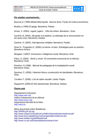 PROJECTE ESCOLTA’M: Tutoria personalitzada
                             Grup de treball Tutoria



Per ampliar coneixements :

Bauman,Z. (1999) Modernidad líquida. Buenos Aires. Fondo de Cultura económica.

Bowlby,J (1998) El apego. Barcelona. Paidos.

Arnaiz, V. (2004). Jugant, jugant... l’ofici de créixer. Barcelona : Graó.

Cyrulnik, B. (2004). Del gesto a la palabra. La eteologia de la comunicación en
los seres vivos. Barcelona: Gedisa.

Gardner, H. (2005). Intel.ligencias múltiples. Barcelona: Paidós.

Giner,A i Puigardeu,O. (2008) La tutoria i el tutor. Estrategias para su pràctica.
Barcelona Horsori.

Morgado, I (2007). Emociones i inteligencia social. Barcelona: Ariel.

Palou, S. (2005). Sentir y crecer. El crecimiento emocional en la infancia.
Barcelona: Graó.

Panchon, C.(1998). Manual de pedagogia de la inadaptación social.
Barcelona: Dulac.

Sanchez, C. (2006). Violencia física y construcción de identidades. Barcelona:
Graó.

Torralba, F. (2006). L’art de saber escoltar. Lleida: Pagès.

Rygaard,N. (2008) El niño abandonado. Barcelona. Gedisa.

Planes web

Departament d’educació
http://www.xtec.cat
Institut d’observació de la infància
http://www.ciimu.org
Organització Mundial de la Salut
http://who.int

Altres documents sobre Resiliència
http://WWW.grif.ub.org
http://www.hospvd.ch/public/chuv/bdfm/cdsp/selection/resilence.pdf
http://www.bice.org/telechar/rxd/vanistendael-resilience.doc
http://www.adolec.org/pdf/Resilx9.pdf
http://www.uv.es/-colomerj/adolescencianevo.htm




                                         23
 