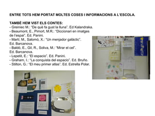 ENTRE TOTS HEM PORTAT MOLTES COSES I INFORMACIONS A L’ESCOLA.
TAMBÉ HEM VIST ELS CONTES:
- Greiniec M.: “De què fa gust la lluna”. Ed Kalandraka.
- Beaumont, E., Pimort, M.R.: “Diccionari en imatges
de l’espai”. Ed. Panini.
- Martí, M., Salomó, X.: “Un menjador galàctic”.
Ed. Barcanova.
- Baldó, E., Gil, R., Soliva, M.: “Mirar el cel”.
Ed. Barcanova.
- Lepetit, E.: “El espacio”. Ed. Panini.
- Graham, I.: “La conquista del espacio”. Ed. Bruño.
- Stilton, G.: “El meu primer atlas”. Ed. Estrella Polar.
 