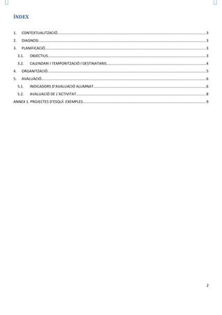 ÍNDEX
1. CONTEXTUALITZACIÓ..............................................................................................................................................3
2. DIAGNOSI................................................................................................................................................................3
3. PLANIFICACIÓ..........................................................................................................................................................3
3.1. OBJECTIUS.......................................................................................................................................................3
3.2. CALENDARI I TEMPORITZACIÓ I DESTINATARIS...............................................................................................4
4. ORGANITZACIÓ........................................................................................................................................................5
5. AVALUACIÓ.............................................................................................................................................................6
5.1. INDICADORS D’AVALUACIÓ ALUMNAT............................................................................................................6
5.2. AVALUACIÓ DE L’ACTIVITAT............................................................................................................................8
ANNEX 1. PROJECTES D’ESQUÍ. EXEMPLES......................................................................................................................9
2
 