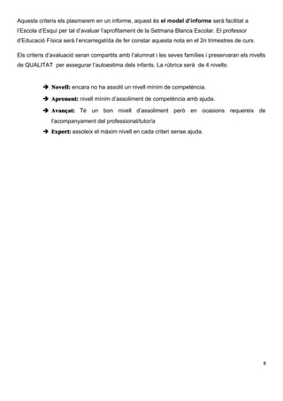 Aquests criteris els plasmarem en un informe, aquest és el model d’informe serà facilitat a
l’Escola d’Esquí per tal d’avaluar l’aprofitament de la Setmana Blanca Escolar. El professor
d’Educació Física serà l’encarregat/da de fer constar aquesta nota en el 2n trimestres de curs.
Els criteris d’avaluació seran compartits amb l’alumnat i les seves famílies i preservaran els nivells
de QUALITAT per assegurar l’autoestima dels infants. La rúbrica serà de 4 nivells:
 Novell: encara no ha assolit un nivell mínim de competència.
 Aprenent: nivell mínim d’assoliment de competència amb ajuda.
 Avançat: Té un bon nivell d’assoliment però en ocasions requereix de
l’acompanyament del professional/tutor/a
 Expert: assoleix el màxim nivell en cada criteri sense ajuda.
8
 