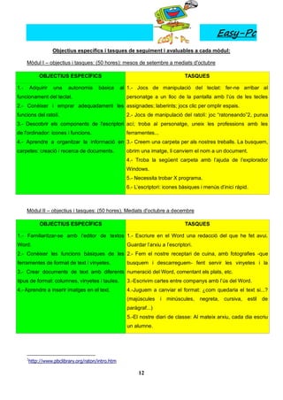 Easy-Pc
                     Objectius específics i tasques de seguiment i avaluables a cada mòdul:

      Mòdul I – objectius i tasques: (50 hores): mesos de setembre a mediats d'octubre

               OBJECTIUS ESPECÍFICS                                                 TASQUES

1.-       Adquirir   una    autonomia     bàsica      al 1.- Jocs de manipulació del teclat: fer-ne arribar al
funcionament del teclat.                                personatge a un lloc de la pantalla amb l’ús de les tecles
2.- Conèixer i emprar adequadament les assignades; laberints; jocs clic per omplir espais.
funcions del ratolí.                                    2.- Jocs de manipulació del ratolí: joc “ratoneando”2, punxa
3.- Descobrir els components de l'escriptori ací; troba al personatge, uneix les professions amb les
de l'ordinador: icones i funcions.                      ferramentes...
4.- Aprendre a organitzar la informació en 3.- Creem una carpeta per als nostres treballs. La busquem,
carpetes: creació i recerca de documents.               obrim una imatge, li canviem el nom a un document.
                                                        4.- Troba la següent carpeta amb l’ajuda de l’explorador
                                                        Windows.
                                                        5.- Necessita trobar X programa.
                                                        6.- L’escriptori: icones bàsiques i menús d’inici ràpid.



      Mòdul II – objectius i tasques: (50 hores). Mediats d'octubre a decembre

               OBJECTIUS ESPECÍFICS                                                 TASQUES

1.- Familiaritzar-se amb l’editor de textos 1.- Escriure en el Word una redacció del que he fet avui.
Word.                                                   Guardar l’arxiu a l’escriptori.
2.- Conèixer les funcions bàsiques de les 2.- Fem el nostre receptari de cuina, amb fotografies -que
ferramentes de format de text i vinyetes.               busquem i descarreguem- fent servir les vinyetes i la
3.- Crear documents de text amb diferents numeració del Word, comentant els plats, etc.
tipus de format: columnes, vinyetes i taules.           3.-Escrivim cartes entre companys amb l’ús del Word.
4.- Aprendre a inserir imatges en el text.              4.-Juguem a canviar el format: ¿com quedaria el text si...?
                                                        (majúscules      i   minúscules,   negreta, cursiva,   estil de
                                                        paràgraf...)
                                                        5.-El nostre diari de classe: Al mateix arxiu, cada dia escriu
                                                        un alumne.




      2
          http://www.pbclibrary.org/raton/intro.htm

                                                             12
 