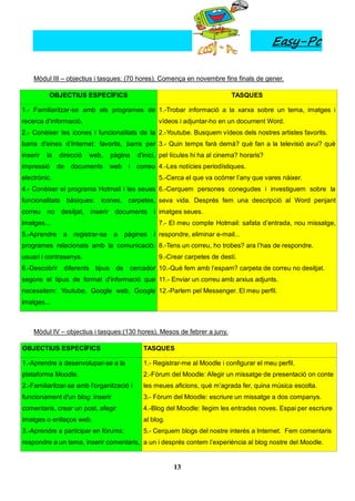 Easy-Pc

    Mòdul III – objectius i tasques: (70 hores). Comença en novembre fins finals de gener.

          OBJECTIUS ESPECÍFICS                                                     TASQUES

1.- Familiaritzar-se amb els programes de 1.-Trobar informació a la xarxa sobre un tema, imatges i
recerca d'informació.                                   vídeos i adjuntar-ho en un document Word.
2.- Conèixer les icones i funcionalitats de la 2.-Youtube. Busquem vídeos dels nostres artistes favorits.
barra d'eines d’Internet: favorits, barra per 3.- Quin temps farà demà? què fan a la televisió avui? què
inserir   la   direcció     web,      pàgina     d'inici, pel·lícules hi ha al cinema? horaris?
impressió      de   documents         web    i   correu 4.-Les notícies periodístiques.
electrònic.                                             5.-Cerca el que va ocórrer l’any que vares nàixer.
4.- Conèixer el programa Hotmail i les seues 6.-Cerquem persones conegudes i investiguem sobre la
funcionalitats bàsiques: icones, carpetes, seva vida. Després fem una descripció al Word penjant
correu    no    desitjat,   inserir    documents       i imatges seues.
imatges...                                              7.- El meu compte Hotmail: safata d’entrada, nou missatge,
5.-Aprendre     a    registrar-se      a    pàgines    i respondre, eliminar e-mail...
programes relacionats amb la comunicació: 8.-Tens un correu, ho trobes? ara l’has de respondre.
usuari i contrasenya.                                   9.-Crear carpetes de destí.
6.-Descobrir diferents tipus de cercador 10.-Què fem amb l’espam? carpeta de correu no desitjat.
segons el tipus de format d'informació que 11.- Enviar un correu amb arxius adjunts.
necessitem: Youtube, Google web, Google 12.-Parlem pel Messenger. El meu perfil.
imatges...



    Mòdul IV – objectius i tasques:(130 hores). Mesos de febrer a juny.

OBJECTIUS ESPECÍFICS                               TASQUES

1.-Aprendre a desenvolupar-se a la                 1.- Registrar-me al Moodle i configurar el meu perfil.
plataforma Moodle.                                 2.-Fòrum del Moodle: Afegir un missatge de presentació on conte
2.-Familiaritzar-se amb l'organització i           les meues aficions, què m’agrada fer, quina música escolta.
funcionament d'un blog: inserir                    3.- Fòrum del Moodle: escriure un missatge a dos companys.
comentaris, crear un post, afegir                  4.-Blog del Moodle: llegim les entrades noves. Espai per escriure
imatges o enllaços web.                            al blog.
3.-Aprendre a participar en fòrums:                5.- Cerquem blogs del nostre interès a Internet. Fem comentaris
respondre a un tema, inserir comentaris, a un i després contem l’experiència al blog nostre del Moodle.


                                                              13
 