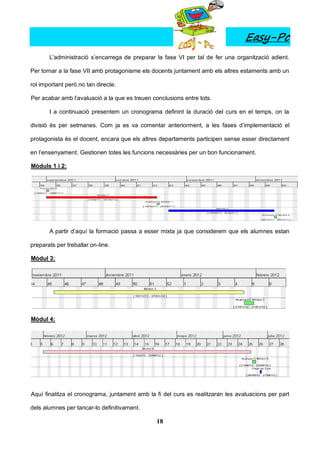 Easy-Pc
       L’administració s’encarrega de preparar la fase VI per tal de fer una organització adient.

Per tornar a la fase VII amb protagonisme els docents juntament amb els altres estaments amb un

rol important però no tan directe.

Per acabar amb l’avaluació a la que es treuen conclusions entre tots.

       I a continuació presentem un cronograma definint la duració del curs en el temps, on la

divisió és per setmanes. Com ja es va comentar anteriorment, a les fases d’implementació el

protagonista és el docent, encara que els altres departaments participen sense esser directament

en l’ensenyament. Gestionen totes les funcions necessàries per un bon funcionament.

Mòduls 1 i 2:




       A partir d’aquí la formació passa a esser mixta ja que considerem que els alumnes estan

preparats per treballar on-line.

Mòdul 3:




Mòdul 4:




Aquí finalitza el cronograma, juntament amb la fi del curs es realitzaran les avaluacions per part

dels alumnes per tancar-lo definitivament.

                                                18
 