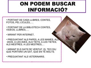 ON PODEM BUSCAR
             INFORMACIÓ?
• PORTANT DE CASA LLIBRES, CONTES,
FOTOS, PEL·LÍCULES,….

• PORTANT DE LA BIBLIOTECA CONTES,
VÍDEOS, LLIBRES,….

• MIRANT PER INTERNET.

• PREGUNTANT ALS PAPES, A LES MAMES, ALS
 IAIOS, A LES IAIES, ALS TIETS, A LES TIETES,
ALS MESTRES, A LES MESTRES,…

• MIRANT ELS GATS DE VERITAT. EL TEO DIU
QUE PORTARÀ UN GAT, QUE EN TÉ MOLTS.

• PREGUNTANT ALS VETERINARIS.
 
