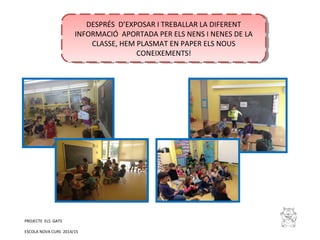 PROJECTE ELS GATS
ESCOLA NOVA CURS 2014/15
DESPRÉS D’EXPOSAR I TREBALLAR LA DIFERENT
INFORMACIÓ APORTADA PER ELS NENS I NENES DE LA
CLASSE, HEM PLASMAT EN PAPER ELS NOUS
CONEIXEMENTS!
DESPRÉS D’EXPOSAR I TREBALLAR LA DIFERENT
INFORMACIÓ APORTADA PER ELS NENS I NENES DE LA
CLASSE, HEM PLASMAT EN PAPER ELS NOUS
CONEIXEMENTS!
 
