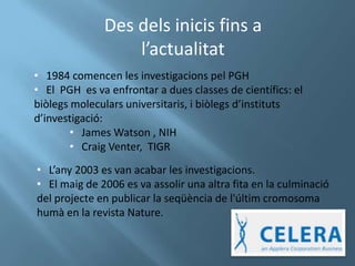 Des dels inicis fins a
                  l’actualitat
• 1984 comencen les investigacions pel PGH
• El PGH es va enfrontar a dues classes de científics: el
biòlegs moleculars universitaris, i biòlegs d’instituts
d’investigació:
        • James Watson , NIH
        • Craig Venter, TIGR
• L’any 2003 es van acabar les investigacions.
• El maig de 2006 es va assolir una altra fita en la culminació
del projecte en publicar la seqüència de l'últim cromosoma
humà en la revista Nature.
 