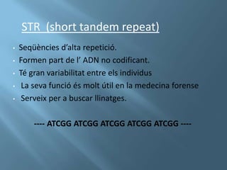 STR (short tandem repeat)
•   Seqüències d’alta repetició.
•   Formen part de l’ ADN no codificant.
•   Té gran variabilitat entre els individus
•    La seva funció és molt útil en la medecina forense
•    Serveix per a buscar llinatges.

        ---- ATCGG ATCGG ATCGG ATCGG ATCGG ----
 