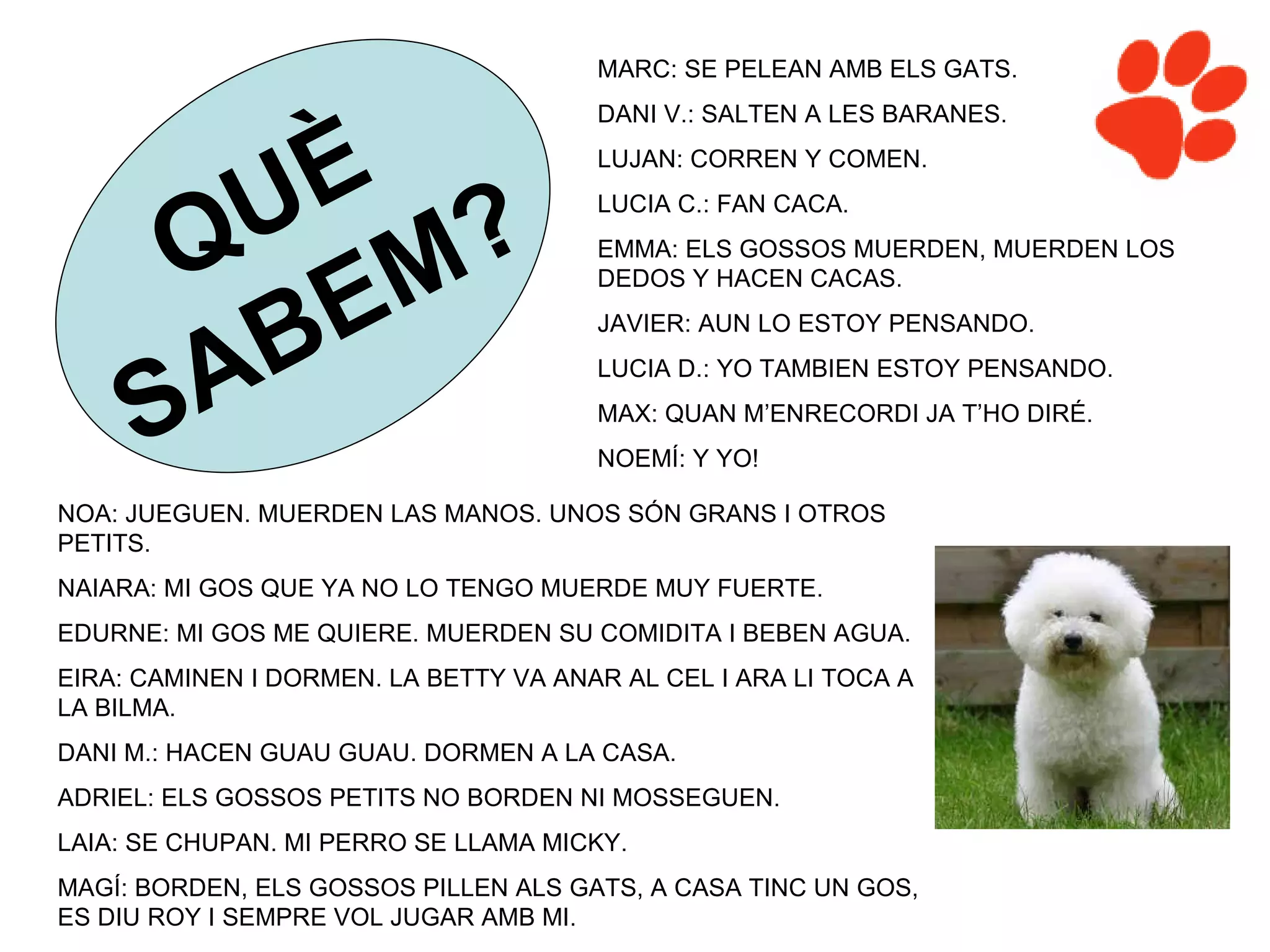 MARC: SE PELEAN AMB ELS GATS.
                                       DANI V.: SALTEN A LES BARANES.




        U È                            LUJAN: CORREN Y COMEN.



      Q M?
                                       LUCIA C.: FAN CACA.
                                       EMMA: ELS GOSSOS MUERDEN, MUERDEN LOS


           E
                                       DEDOS Y HACEN CACAS.




       A B                             JAVIER: AUN LO ESTOY PENSANDO.



     S
                                       LUCIA D.: YO TAMBIEN ESTOY PENSANDO.
                                       MAX: QUAN M’ENRECORDI JA T’HO DIRÉ.
                                       NOEMÍ: Y YO!

NOA: JUEGUEN. MUERDEN LAS MANOS. UNOS SÓN GRANS I OTROS
PETITS.
NAIARA: MI GOS QUE YA NO LO TENGO MUERDE MUY FUERTE.
EDURNE: MI GOS ME QUIERE. MUERDEN SU COMIDITA I BEBEN AGUA.
EIRA: CAMINEN I DORMEN. LA BETTY VA ANAR AL CEL I ARA LI TOCA A
LA BILMA.
DANI M.: HACEN GUAU GUAU. DORMEN A LA CASA.
ADRIEL: ELS GOSSOS PETITS NO BORDEN NI MOSSEGUEN.
LAIA: SE CHUPAN. MI PERRO SE LLAMA MICKY.
MAGÍ: BORDEN, ELS GOSSOS PILLEN ALS GATS, A CASA TINC UN GOS,
ES DIU ROY I SEMPRE VOL JUGAR AMB MI.
 