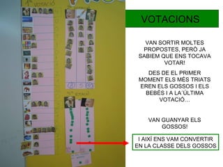 VOTACIONS

   VAN SORTIR MOLTES
  PROPOSTES, PERÒ JA
 SABIEM QUE ENS TOCAVA
         VOTAR!
    DES DE EL PRIMER
 MOMENT ELS MÉS TRIATS
 EREN ELS GOSSOS I ELS
   BEBÉS I A LA´ÚLTIMA
       VOTACIÓ…


    VAN GUANYAR ELS
        GOSSOS!

 I AIXÍ ENS VAM CONVERTIR
EN LA CLASSE DELS GOSSOS
 
