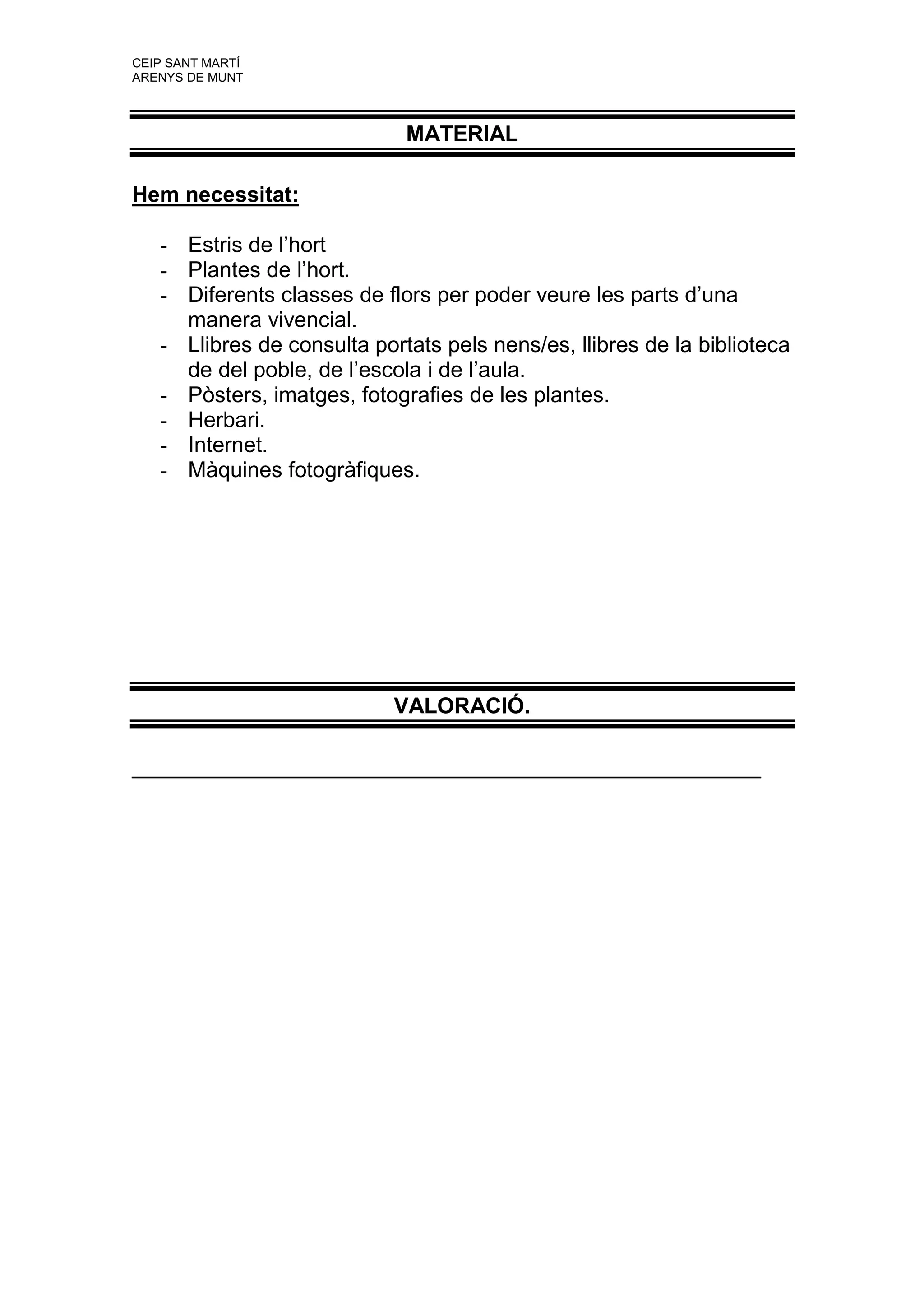 CEIP SANT MARTÍ
ARENYS DE MUNT



                             MATERIAL

Hem necessitat:

   - Estris de l’hort
   - Plantes de l’hort.
   - Diferents classes de flors per poder veure les parts d’una
     manera vivencial.
   - Llibres de consulta portats pels nens/es, llibres de la biblioteca
     de del poble, de l’escola i de l’aula.
   - Pòsters, imatges, fotografies de les plantes.
   - Herbari.
   - Internet.
   - Màquines fotogràfiques.




                            VALORACIÓ.

____________________________________________________
 
