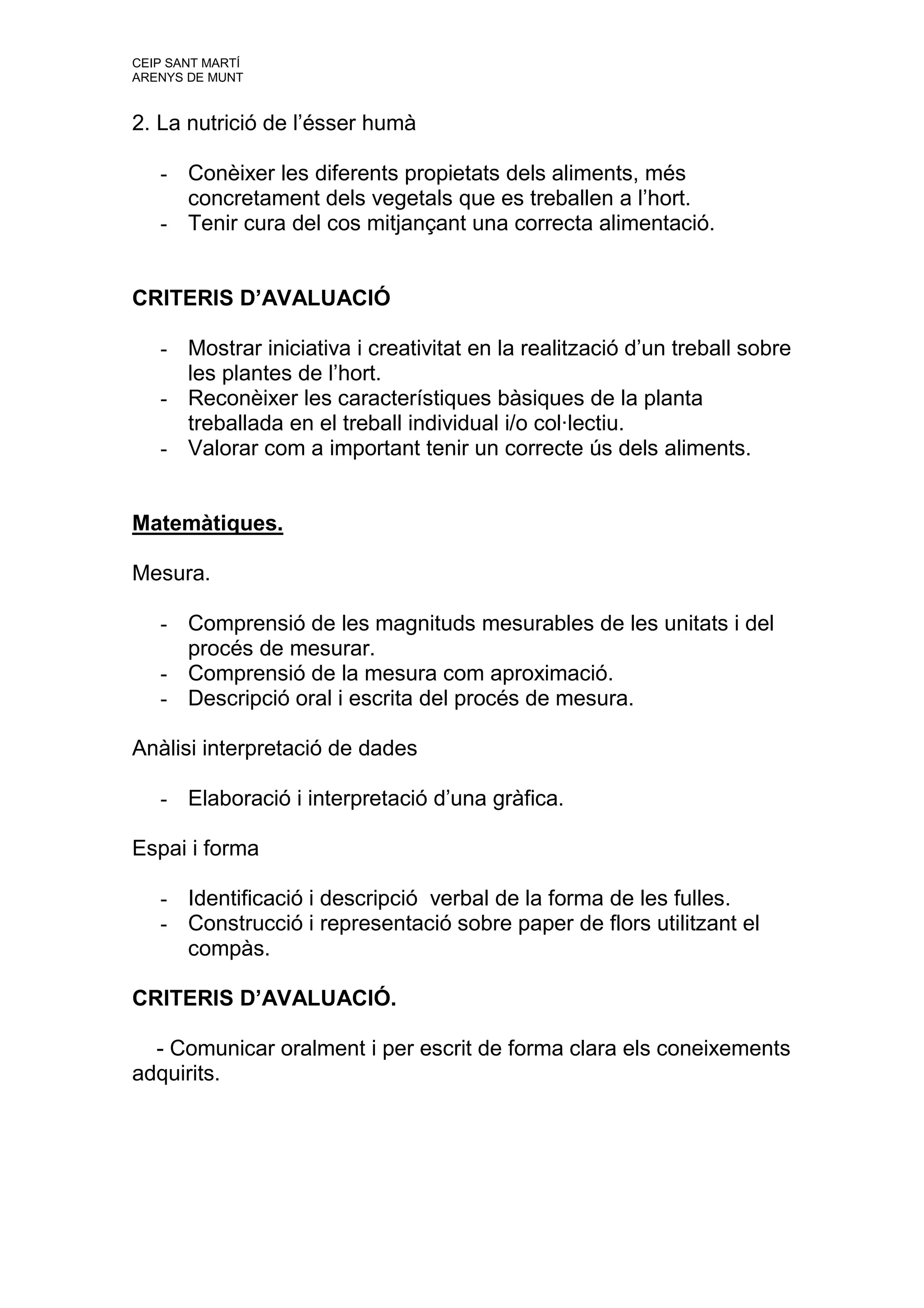 CEIP SANT MARTÍ
ARENYS DE MUNT


2. La nutrició de l’ésser humà

   - Conèixer les diferents propietats dels aliments, més
     concretament dels vegetals que es treballen a l’hort.
   - Tenir cura del cos mitjançant una correcta alimentació.


CRITERIS D’AVALUACIÓ

   - Mostrar iniciativa i creativitat en la realització d’un treball sobre
     les plantes de l’hort.
   - Reconèixer les característiques bàsiques de la planta
     treballada en el treball individual i/o col·lectiu.
   - Valorar com a important tenir un correcte ús dels aliments.


Matemàtiques.

Mesura.

   - Comprensió de les magnituds mesurables de les unitats i del
     procés de mesurar.
   - Comprensió de la mesura com aproximació.
   - Descripció oral i escrita del procés de mesura.

Anàlisi interpretació de dades

   - Elaboració i interpretació d’una gràfica.

Espai i forma

   - Identificació i descripció verbal de la forma de les fulles.
   - Construcció i representació sobre paper de flors utilitzant el
     compàs.

CRITERIS D’AVALUACIÓ.

  - Comunicar oralment i per escrit de forma clara els coneixements
adquirits.
 